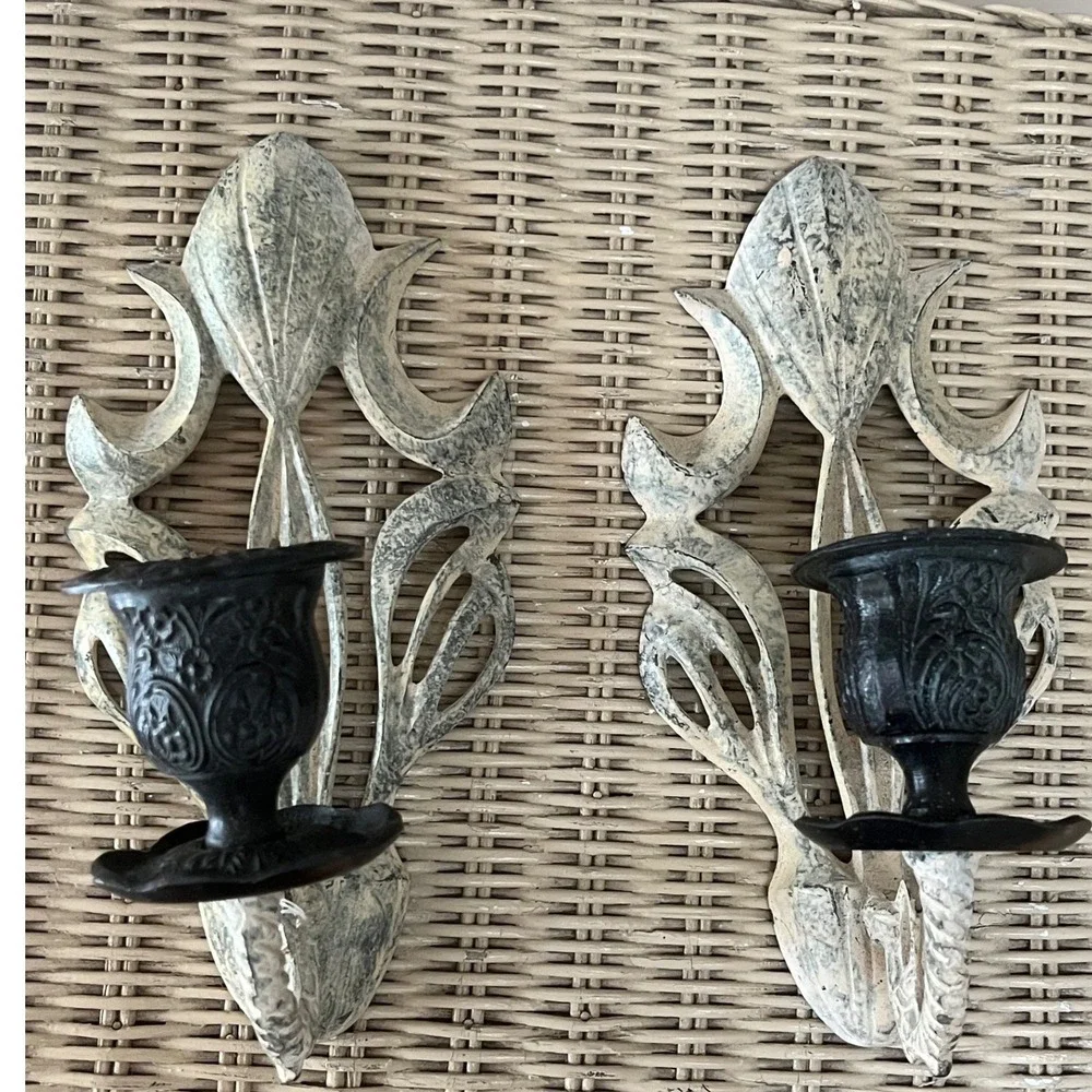 Vintage Shabby Chic Cast Iron Sconces Pair French Country Wall‎ Candle Holders